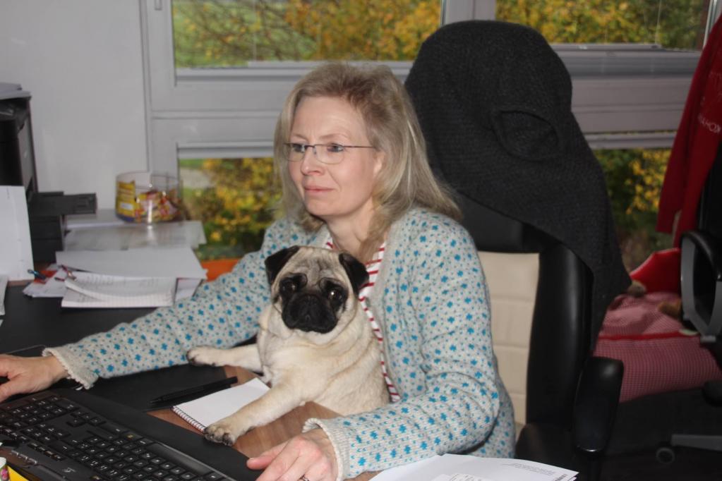 Nina...our Pug helping Barbara writing Invoices...