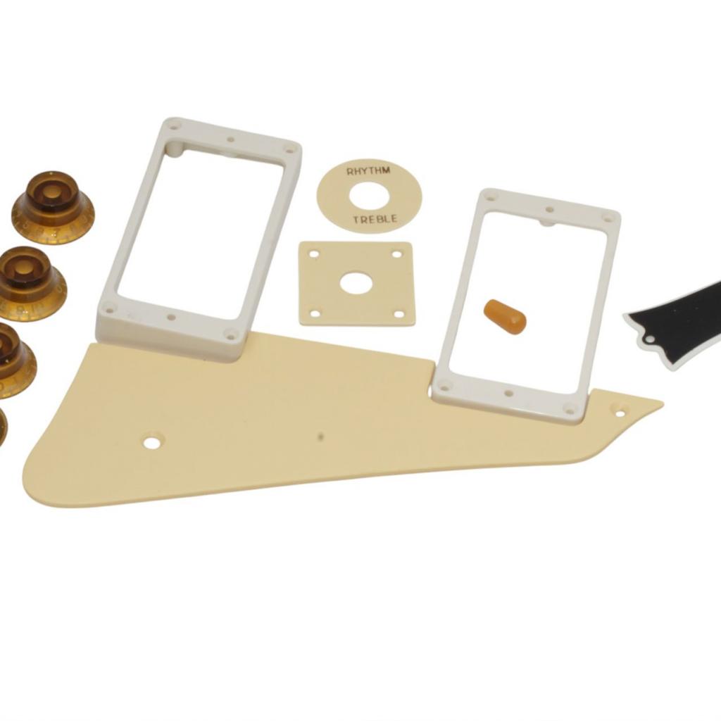 Aged plastic parts for Gibson guitars including knobs, humbucker rings, pickguards and accessories